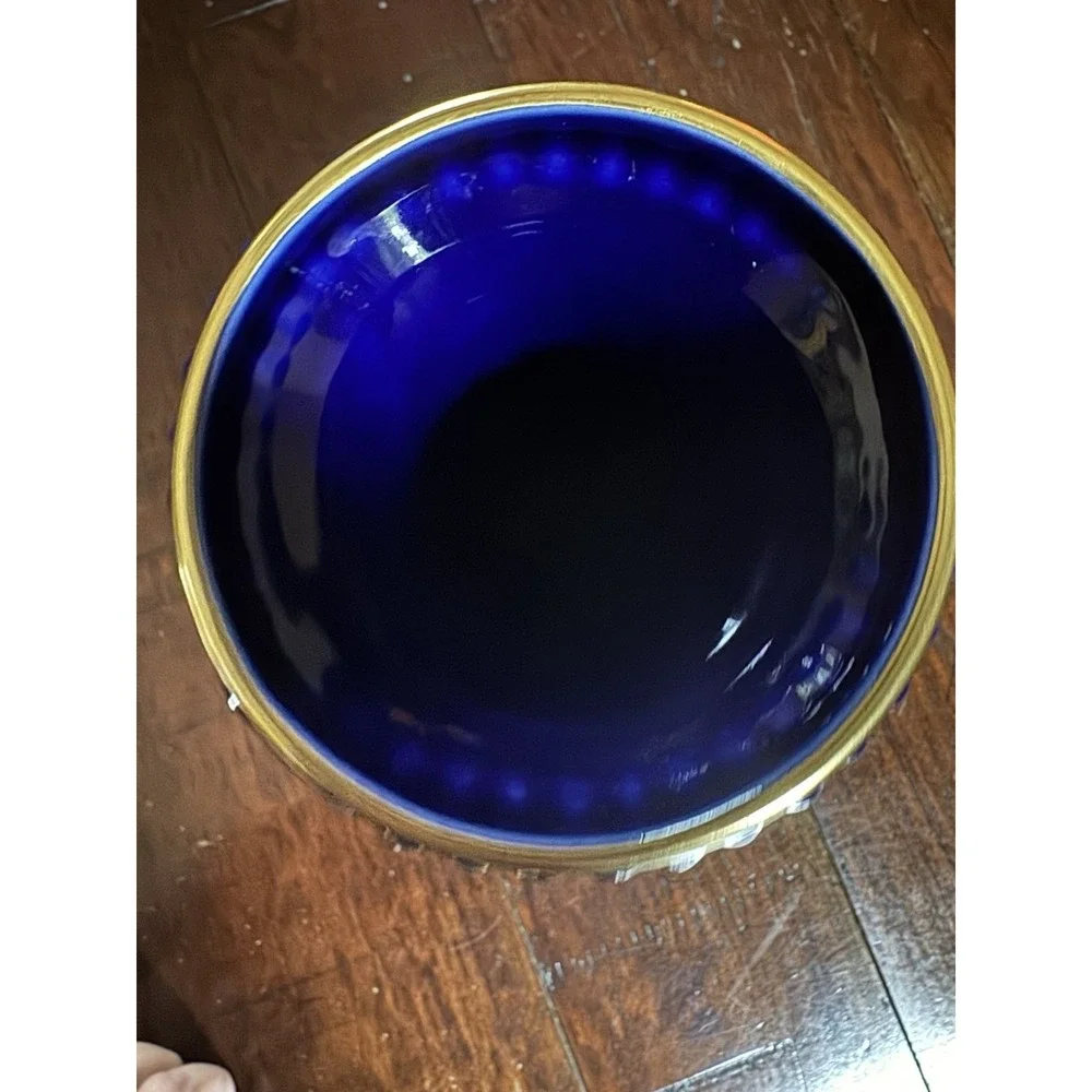 Bareuther Waldsassen Echt Cobalt Blue‎ Vase 22K Gold Floral Rose Sunflower 9.5